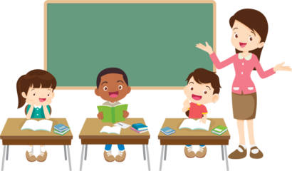 students and teacher in classroom children learning education concept