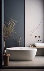 Bathroom interior with a modern and minimalist style, featuring a large bathtub, a stylish sink, and a beautiful tree with white flowers.