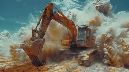 Excavator sandpit during earth moving works on desert with flying dust - obrazy, fototapety, plakaty