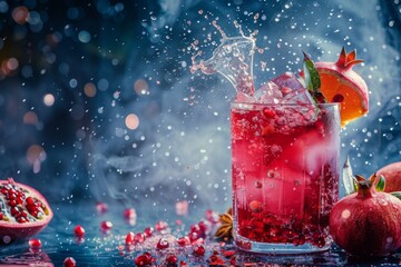 Colorful pomegranate juice cocktail with exotic fruits and spices for advertisement