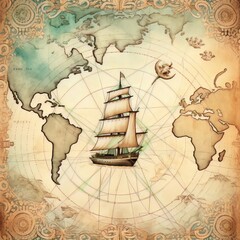 A ship sails on a world map with a compass and decorative elements in a vintage and retro style.