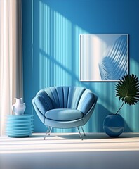 Blue minimalist interior design living room with a blue armchair, a blue vase, and a blue painting