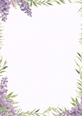 Fototapeta na wymiar Delicate watercolor floral frame with purple lilac flowers and green leaves, perfect for wedding invitations, save the dates, and other special occasions.