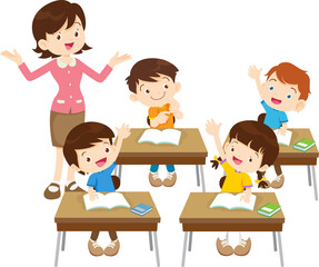 students and teacher in classroom children learning education concept
