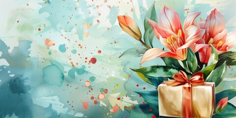 Watercolor artwork of lilies and a gift, creative splatter background - 778384812