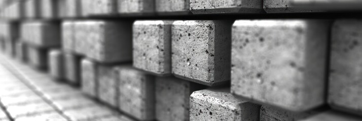 A black and white photograph showcasing a wall constructed with concrete blocks