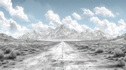 Hand drawn illustration converted to vector Sketch of a landscape with a road and mountains.