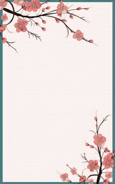 Delicate pink cherry blossom branches frame with a beige background in sumi-e style