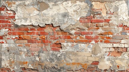 Old brick wall showing signs of decay with peeling paint