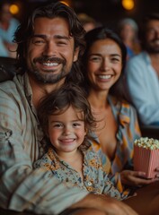 trio, parents and child, enjoying a movie in a theater, munching popcorn, bonded closely - obrazy, fototapety, plakaty