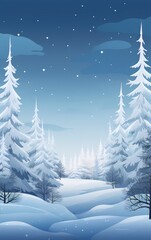 Fototapeta na wymiar Snowy pine trees in a winter forest with a blue sky and falling snow, digital art, concept art, matte painting, environment design, illustration, 2D, cartoon,