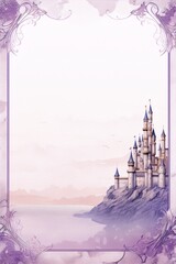 Whimsical illustration of a fairytale castle with lavender turrets and pink flags on a rocky cliff by the sea with a faded pink sky background in the rococo style.