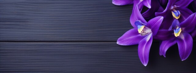 Purple orchids on a dark wooden background. Still life photography.