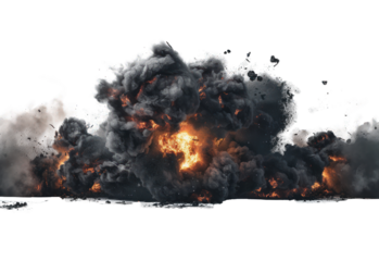 Bomb explosion with fire flames and black smoke on isolated on transparent background