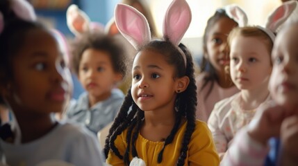 A group of young girls wearing bunny ears are sitting around a table, sharing Easter eggs and building art. The tableware on the shelf sets the scene for a fun and leisurely event in the room AIG42E