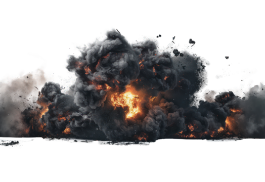Bomb explosion with fire flames and black smoke on isolated on transparent background