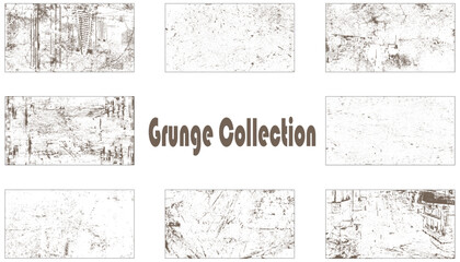 Abstract grunge distressed wall texture overlay background set. Collection of 8 grunge wall image. Vector illustration.
