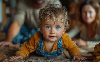 Adorable baby boy in overalls stands, reaches for sitting father, mother observes lovingly from behind