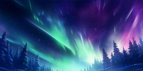 Fantasy landscape of aurora borealis in the night sky over snow-covered pine trees
