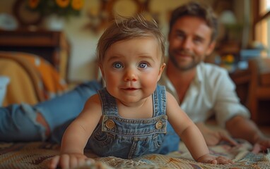 Adorable baby boy in overalls stands, reaches for sitting father, mother observes lovingly from behind