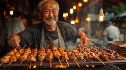 portrait The craftsman is grilling yakitori Japanese food skewers chicken delicius - obrazy, fototapety, plakaty