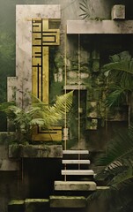 Overgrown concrete brutalist structure with golden elements in the jungle