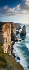 Photo real as Cliffside Majesty Coastal cliffs stand tall a testament to nature sculpting. in nature and landscapes theme ,for advertisement and banner ,Full depth of field, high quality ,include copy