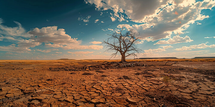 Dry land with dry tree in the desert. Climate change concept
