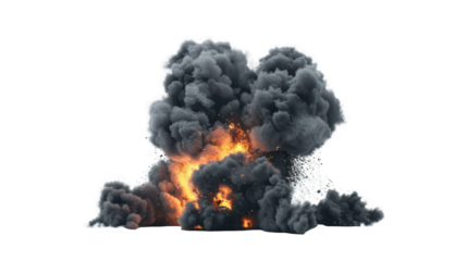 Bomb explosion with fire flames and black smoke on isolated on transparent background