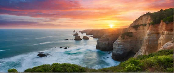 Gordijnen Photo real as Coastal Sunrise Dawn breaks over coastal cliffs painting the sky with morning hues. in nature and landscapes theme ,for advertisement and banner ,Full depth of field, high quality ,inclu © Gohgah