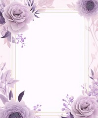Frame of purple roses and leaves with a golden outline on a pale pink background, suitable for wedding invitations, greeting cards, and other special occasions.