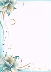 White lilies with golden centers and blue edges on a pale blue background with a gradient to white, with a gold decorative frame.