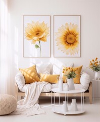 Two watercolor yellow sunflowers in white wooden frames hang above a white sofa with yellow pillows in a bright living room with white walls and yellow flowers in vases on a white coffee table.