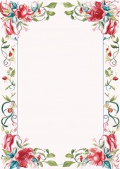 ornate borders of red and pink flowers with green leaves on a pale yellow background, digital art, art nouveau