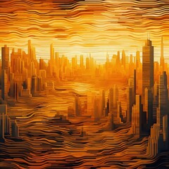 Cityscape in warm colors with a painterly, almost abstract style, showing mostly high-rise buildings. - obrazy, fototapety, plakaty