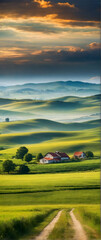 Photo real as Country Solace The rural countryside where rolling hills meet quaint farmhouses. in nature and landscapes theme ,for advertisement and banner ,Full depth of field, high quality ,include 