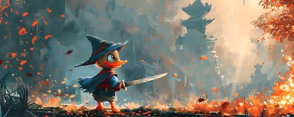 Daring Duck Adventurer Discovers Enchanted Sword in Hidden Temple Engulfed in Mystical Flames - obrazy, fototapety, plakaty