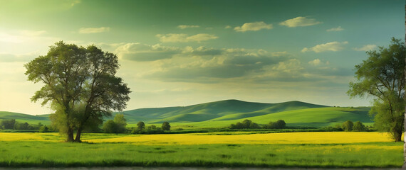 Photo real as Countryside Canvas The rural countryside painted in broad strokes of green and gold. in nature and landscapes theme ,for advertisement and banner ,Full depth of field, high quality ,incl
