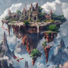 Enchanted Floating Isles of Arcane Realms with Majestic Dragons and Mysterious Crystals - obrazy, fototapety, plakaty