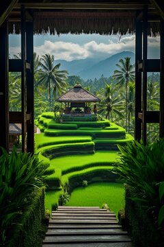 Stunning view of a traditional Balinese rice terrace with a thatched roof hut in the distance surrounded by lush green palm trees and verdant rice fields.