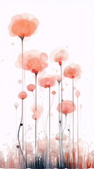 Delicate watercolor painting of pink poppies in bloom with long stems on a white background, botanical art, watercolor, interior, art nouveau.