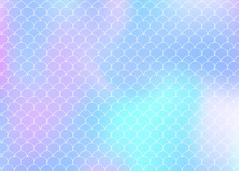 Holographic scale background with gradient mermaid. Bright color transitions. Fish tail banner and invitation. Underwater and sea pattern for girlie party. Stylish backdrop with holographic scale.