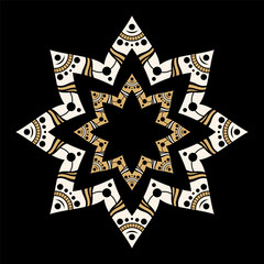 Ornamental star shape. Arabic, Indian, ottoman motifs. Symmetric star shape isolated on black background. Color vector mandala. Brown and beige color vector mandala. Vector color illustration. - 778386833