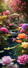Photo real as Floral Splendor A garden of floral wonders where every bloom tells a story. in nature and landscapes theme ,for advertisement and banner ,Full depth of field, high quality ,include copy 