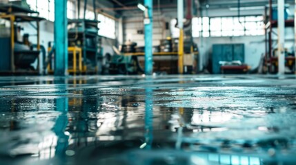 Wet Floor in Factory With Machine in Background