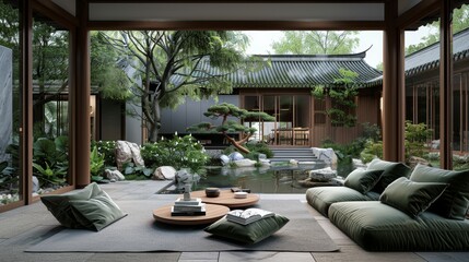 Fototapeta premium Luxurious living room with plush sofas, a grand centerpiece table, and elegant floral arrangements creates a sophisticated entertaining space