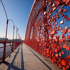 Red bridge with red love padlocks and blue sky in background,photography,architecture,contemporary,vibrant