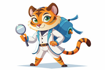 a school tigress named mio in a fashionable white jacket and with a stylish backpack with a magnifying glass in her hand