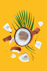 Broken pieces of coconut and palm leaves on  yellow background.