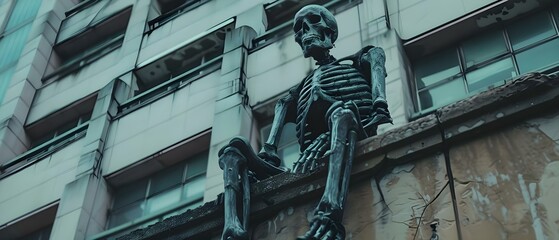 Skeletal Sentinel: A Stark Reminder of Mortality. Concept Dark Aesthetics, Haunting Beauty, Memento Mori, Gothic Art, Eerie Symbolism